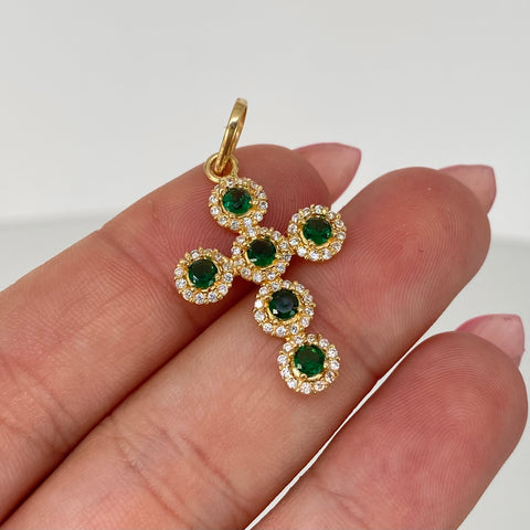 Dije Cruz Circones Verdes Blancos Oro amarillo 18k 2,6 Gr / 3,4 Cm