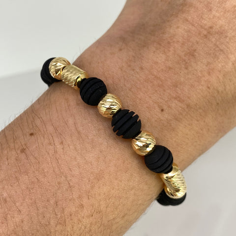 Pulsera tejida Bolas Diamantadas 7 mm / Cilindros Hilo Negro Oro amarillo 18k 1,62 Gr *