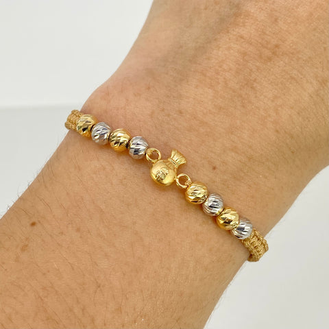 Pulsera tejida Herraje Bolsa Dinero / BD 8uni 5mm / Hilo Beige Oro amarillo y Oro blanco 18k 1,18 Gr *