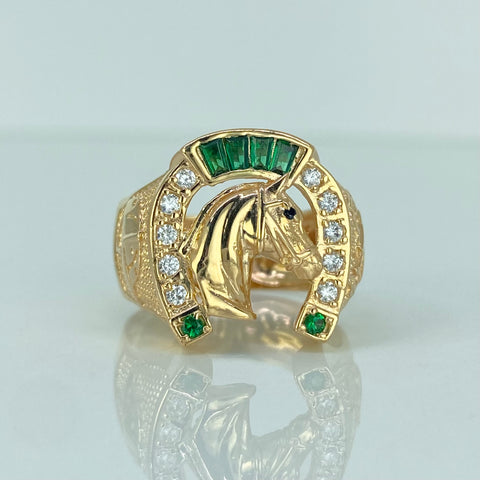 Anillo Caballo Circones Blancos Verdes Oro amarillo 18k / Talla 10 1/2 / 6,85 Gr