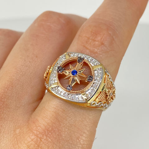 Anillo Brújula / Anclas Laterales Circones Blancos Tres oros 18k / Talla 10 / 9,64 Gr *