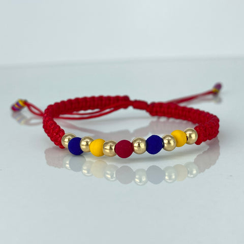 Pulsera tejida Colombia Bolas Lisas 6uni 4mm / Hilo Rojo Neoprenos Oro amarillo 0,55 Gr *
