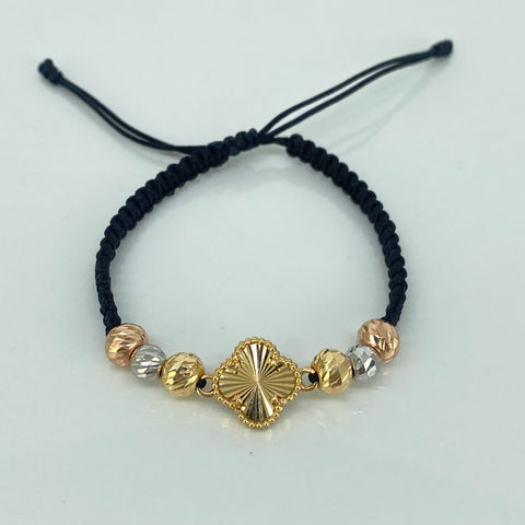 Pulsera tejida Herraje Trebol Diamantado / BD 6uni 6/5mm / Hilo Negro Tres oros 18k 2,19 Gr †