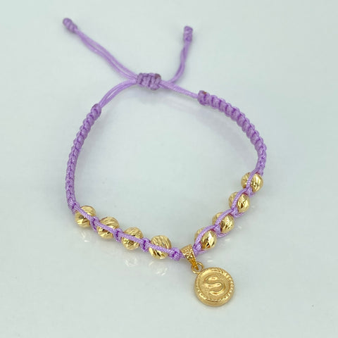 Pulsera tejida Dije Letra S / BD 8uni 5mm / Hilo Lila Oro amarillo 18k 1,3 Gr *