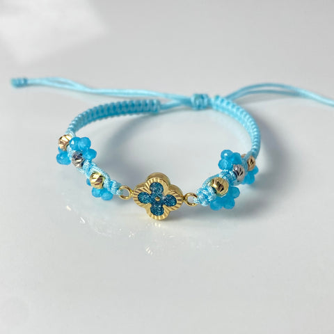 Pulsera tejida Trebol Azul  Hilo Azul Cielo Tres oros 18k 1,15 Gr *