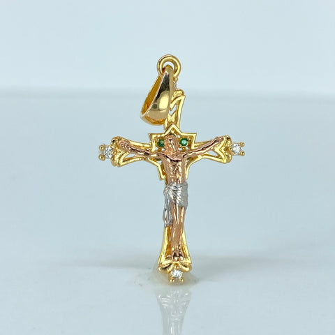Dije Cruz Cristo Circones Blancos Verdes Tres oros 18k 2,85 Gr / 3,5 Cm