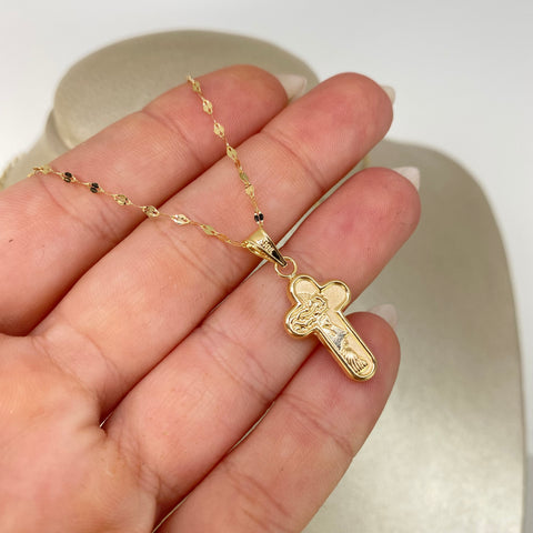 Set Cadena ● Flor Espejo Crispeta + Dije Cruz Rostro Cristo Oro amarillo 18k 1,66 Gr / 1,5 mm / 45 Cm *