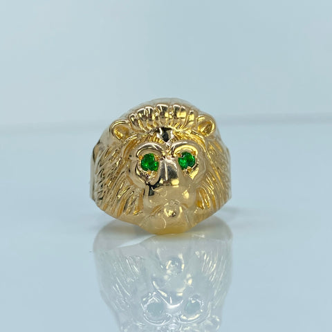Anillo Cara León Circones Verdes Oro amarillo 18k / Talla 10 1/2 / 4,6 Gr *