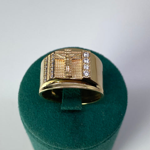 Anillo Cruz Cristo Fondo Diamantado Circones Blancos Oro amarillo 18k / Talla 9 1/2 / 5,49 Gr