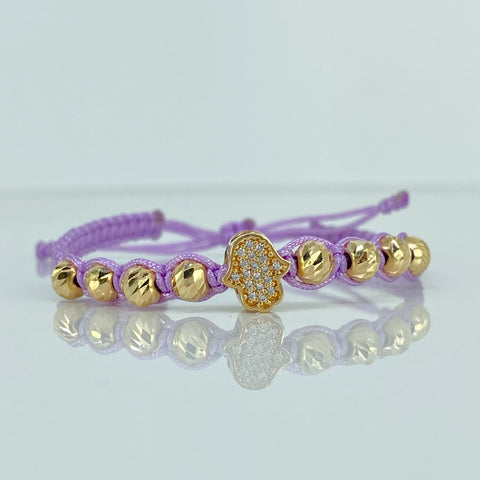 Pulsera tejida Herraje Mano Hamsa Circones Blancos / BD 8uni 5mm / Hilo Lila Oro amarillo 18k 1,78 Gr *