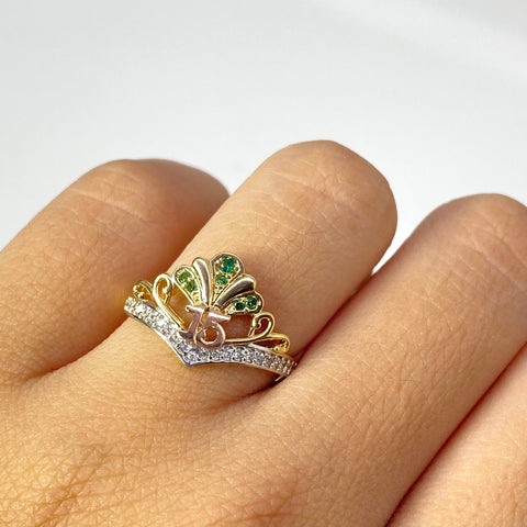Anillo 15 Años Tiara Circones Blancos Y Verdes Tres oros 18k / Talla 7 1/4 / 2,50 Gr *