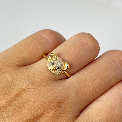 Anillo Cara De Oso Circones Blancos Y Negros Oro amarillo 18k / Talla 7 3/4 / 2,23 Gr †