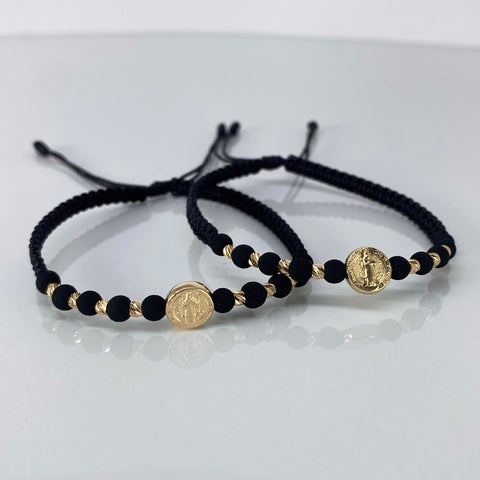 Pulsera tejida Pareja San Benito / BD 8uni 3mm / Hilo Negro Neoprenos Oro amarillo 1,25 Gr *