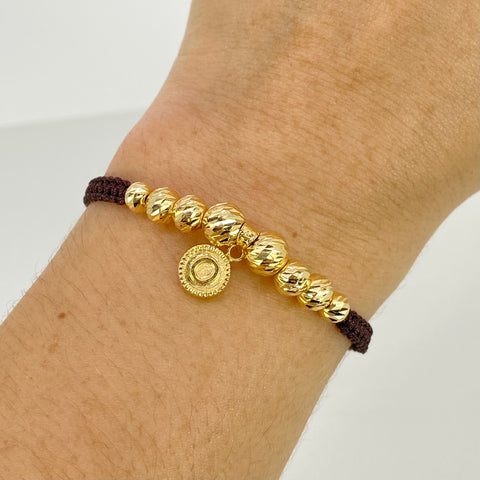 Pulsera tejida Dije Letra O / BD 8uni 7/6/5mm / Hilo Cafe Oro amarillo 18k 1,61 Gr *