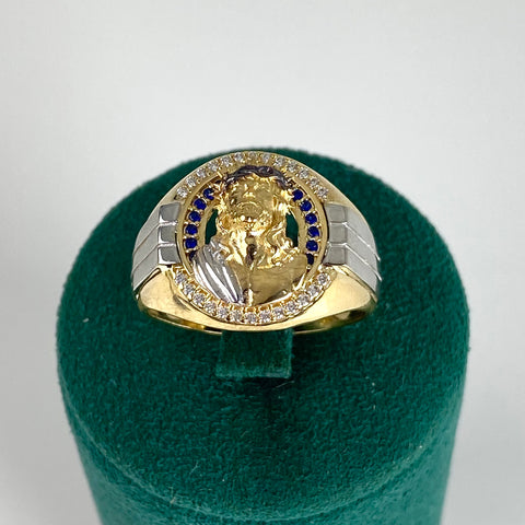 Anillo Rostro Cristo Circones Blancos Y Azules Oro amarillo y Oro blanco 18k / Talla 9 1/2 / 7,67 Gr †