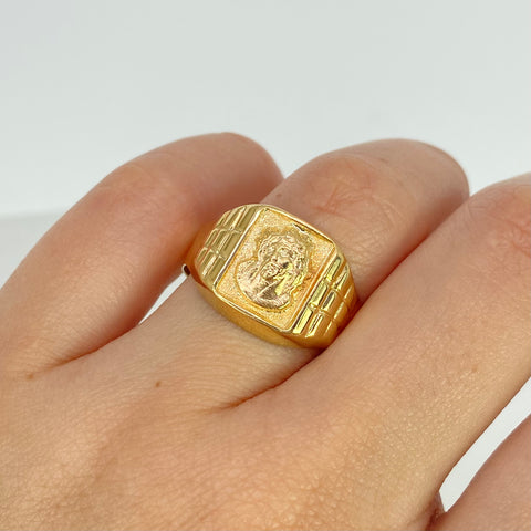 Anillo Sello Rostro De Jesús Arenado Oro amarillo 18k / Talla 10 1/4 / 3,95 Gr †