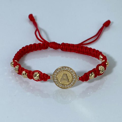 Pulsera tejida Herraje Letra A Circones Blancos / BD 5mm 8uni  / Hilo Rojo Oro amarillo 18k 2,62 Gr *
