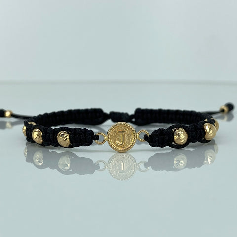 Pulsera tejida Herraje Letra J / BD 8uni 5/3mm / Hilo Negro Oro amarillo 18k 1,24 Gr *