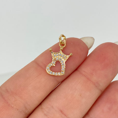 Dije Corazon Corona Circones Blancos Oro amarillo 18k 0,72 Gr / 2 Cm