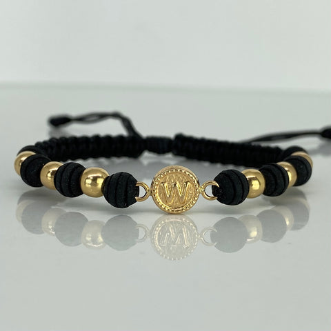 Pulsera tejida Herraje Letra W / BL 6uni 5mm / Hilo Negro Neoprenos Oro amarillo 18k 1,31 Gr †