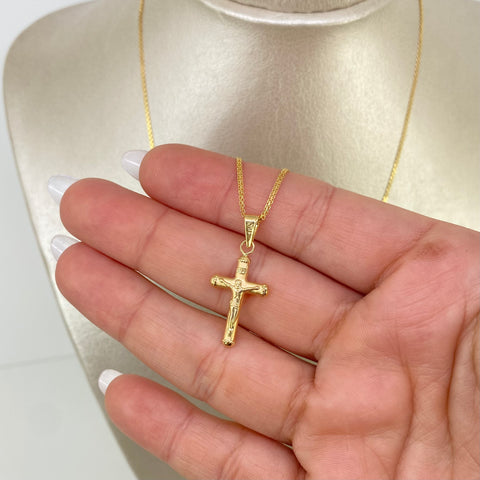 Set Cadena ● Mini China + Dije Cruz Cristo Oro amarillo 18k 2,75 Gr / 1,2 mm / 50 Cm *