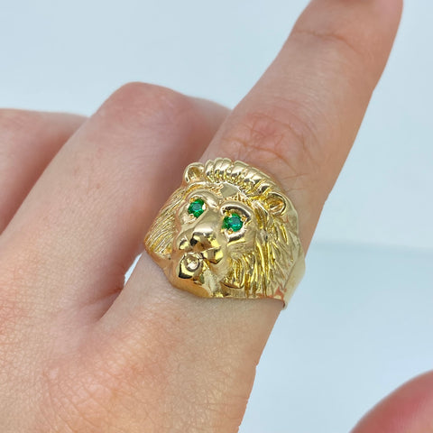 Anillo Cara León Circones Verdes Oro amarillo 18k / Talla 10 1/2 / 4,6 Gr *