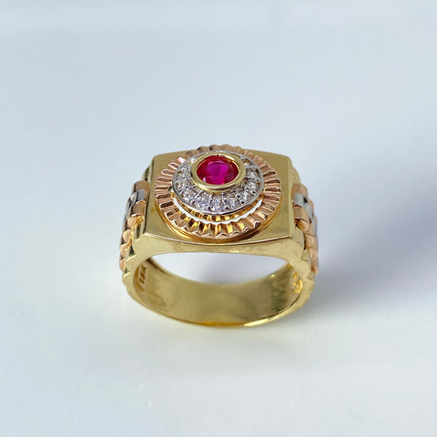 Anillo Circulo Fondo Diamantado  Circones Blancos Y Fucsia Tres oros 18k / Talla 10 1/2 / 10,15 Gr