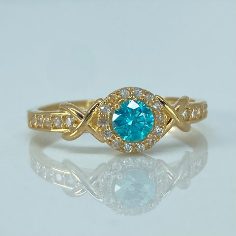 Anillo Solitario Cruzado Circones Blancos Celeste Oro amarillo / Talla 6 3/4 / 2,25 Gr *