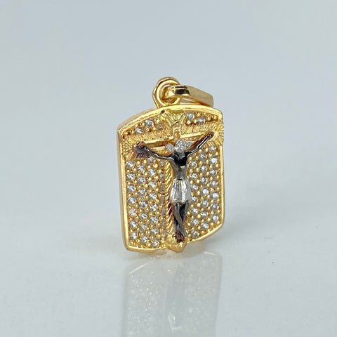 Dije Cristo Buga Circones Blancos Oro amarillo y Oro blanco 18k 2,51 Gr / 2,2 Cm *
