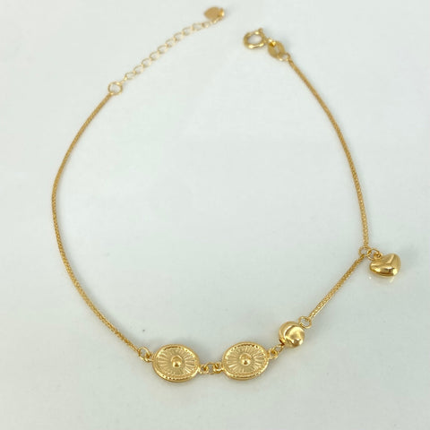 Pulso ● Franco Bolas Diamanadas 4mm ESP Corazon Oro amarillo 18k +3 / 1 Gr / 16 Cm