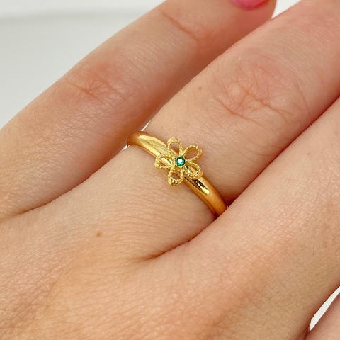 Anillo Flor Circon Verde Oro amarillo 18k / Talla 5 1/4 / 0,8 Gr *