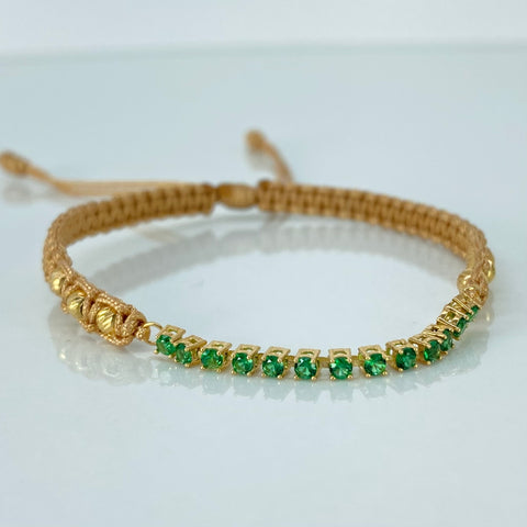 Pulsera tejida Herraje Circones Verdes / BD 6uni 3mm / Hilo Beige Oro amarillo 1,09 Gr *