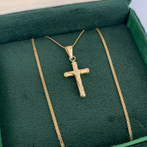 Set Cadena ● Mini China + Dije Cruz Cristo Oro amarillo 18k 2,75 Gr / 1,2 mm / 50 Cm *