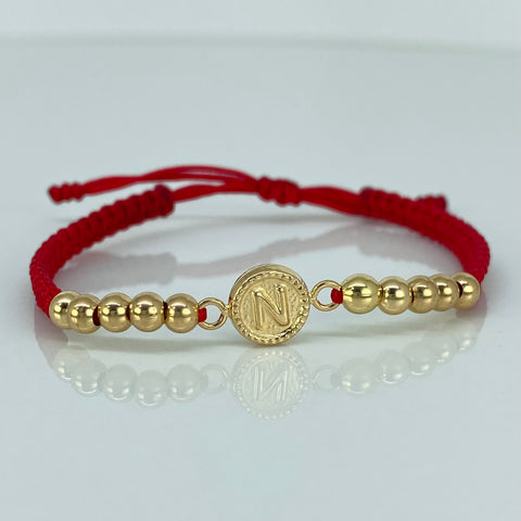 Pulsera tejida Herraje Letra N / BL 10uni 4mm / Hilo Rojo Oro amarillo 18k 1,31 Gr *