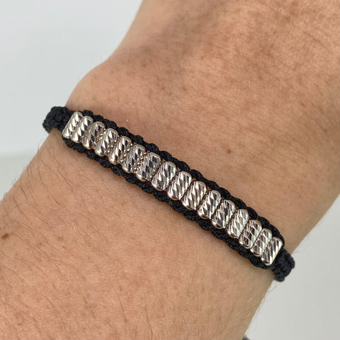 Pulsera tejida Cilindros Diamantados / Hilo Negro Oro blanco 18k 1,73 Gr *