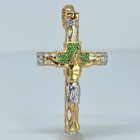 Dije Cruz Cristo Circones Blancos Y Verdes Oro amarillo y Oro blanco 18k 4,28 Gr / 4,4 Cm *