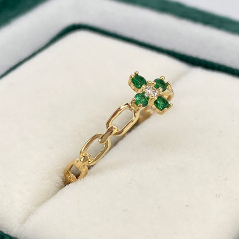 Anillo Cajón Cruz Circones Verdes Y Blancos Oro amarillo 18k / Talla 5 1/4 / 0,90 Gr *