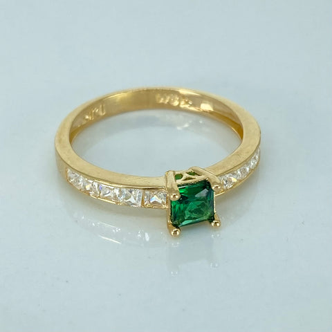 Anillo Solitario Circones Verde Blanco Oro amarillo 18k / Talla 6 3/4 / 2,4 Gr †