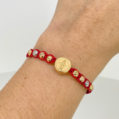 Pulsera tejida Herraje Virgen Milagrosa / BD 8uni 5mm / Hilo Rojo Tres oros 18k 1,5 Gr *