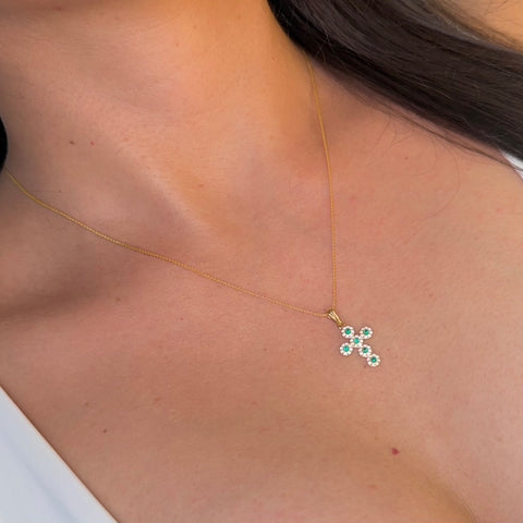 Set Cadena ● China + Dije Cruz Circones Blancos Verdes Oro amarillo 18k 3,2 Gr / 1 mm / 50 Cm †