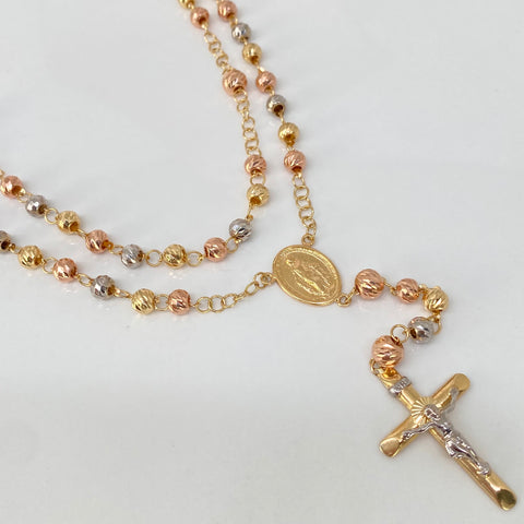 Rosario Virgen Milagrosa / Bolas Diamantadas 6/5mm Tres oros 18k 14,55 Gr / 62 Cm †