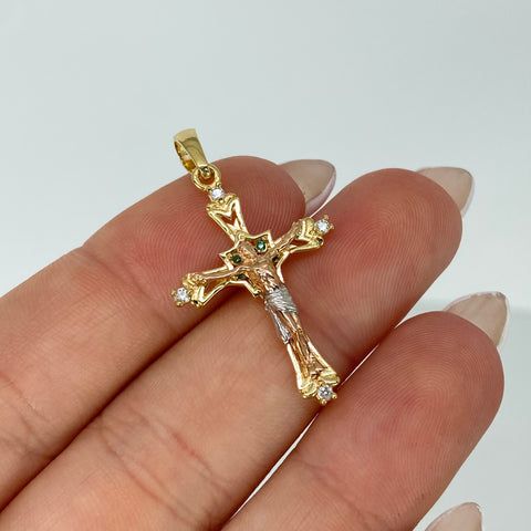 Dije Cruz Cristo Circones Blancos Verdes Tres oros 18k 2,85 Gr / 3,5 Cm