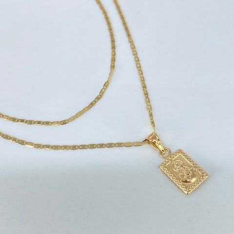 Set Cadena ● Escalera Plana + Dije Virgen Del Carmen/Jesus Oro amarillo 18k 2,35 Gr / 1,2 mm / 60 Cm †
