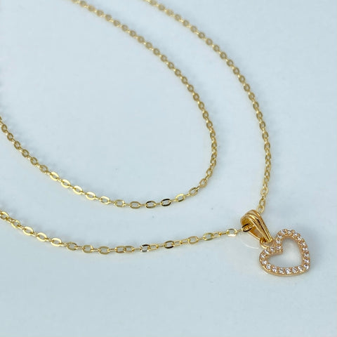 Set Cadena ● Rolon + Dije Corazon Circones Blancos Oro amarillo 18k 1,58 Gr / 1,5 mm / 50 Cm *