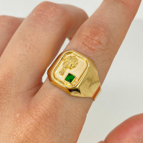 Anillo Sello Palma Circon Verde Oro amarillo 18k / Talla 11 1/2 / 3,53 Gr *
