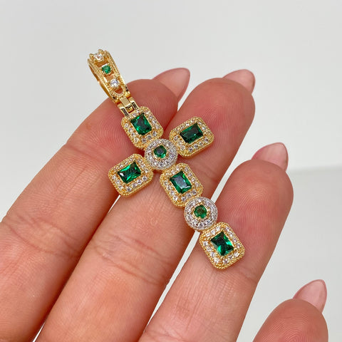 Dije Cruz Cuadros Circones Blancos Y Verdes Oro amarillo 18k 6,16 Gr / 5 Cm *