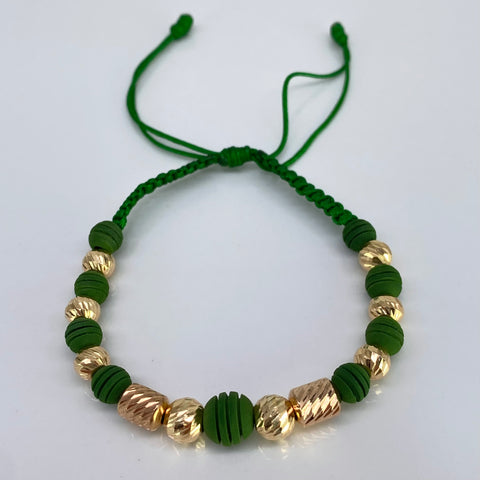 Pulsera tejida Bolas Diamantada 7- 6  mm / Cilindros Hilo Verde Oro amarillo 18k 2,10 Gr *