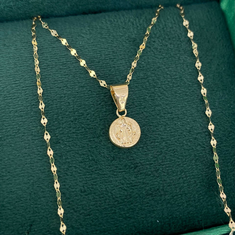 Set Cadena ● Flor Espejo Crispeta + Dije San Benito Oro amarillo 18k 1,37 Gr / 1,5 mm / 50 Cm *