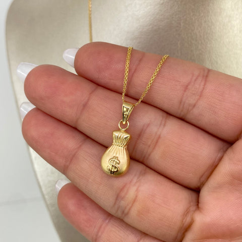 Set Cadena ● Mini China + Dije Bolsa Dinero Oro amarillo 18k 3 Gr / 1,2 mm / 60 Cm *