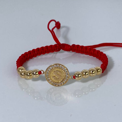 Pulsera tejida Herraje Letra S Circones Blancos / BL 5mm 8uni / Hilo Rojo Oro amarillo 18k 2,81 Gr *